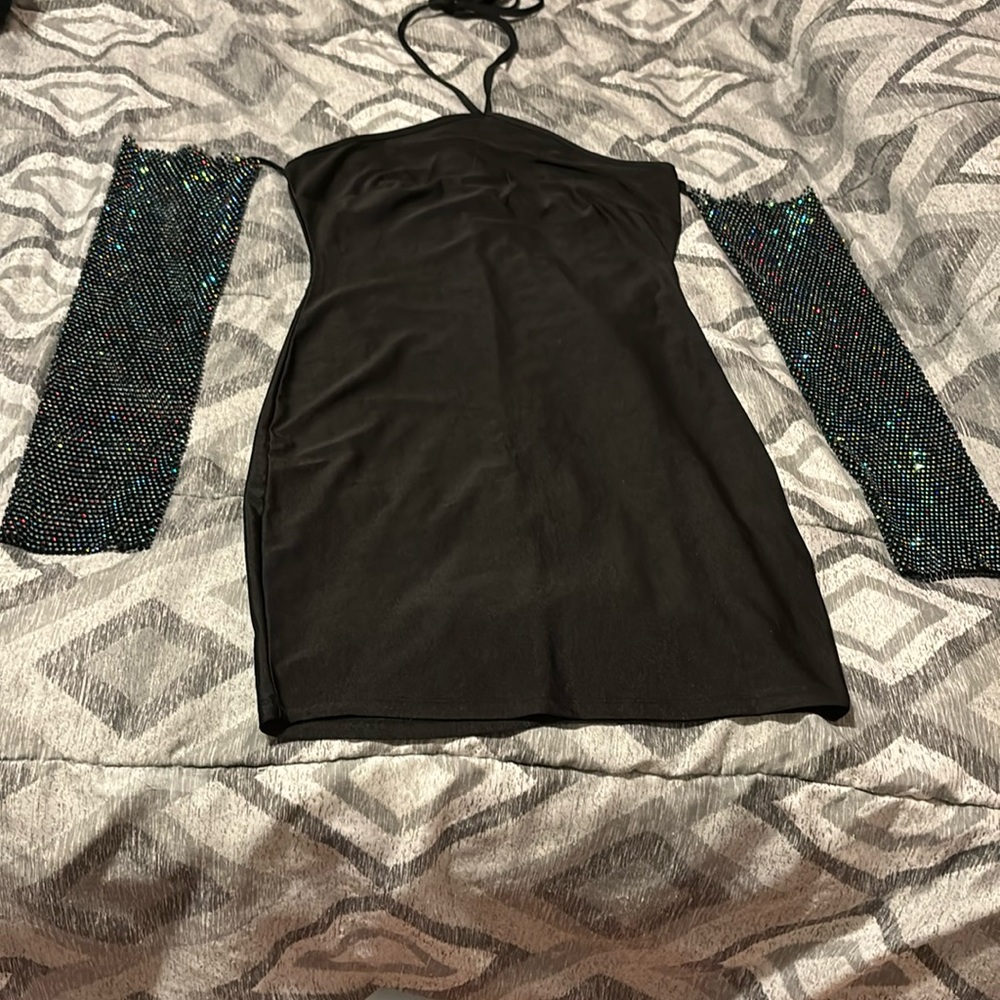 NWOT Love Highlight Black Halter Rhinstone sleeves Mini Dress